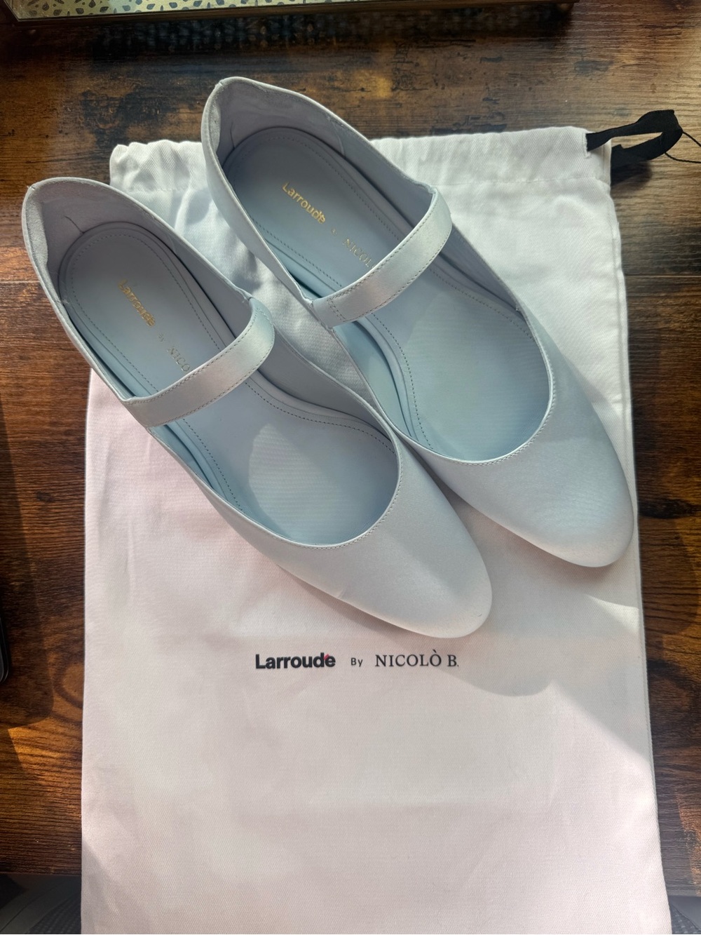Larroude Satin Powder Blue Mary Jane Flats